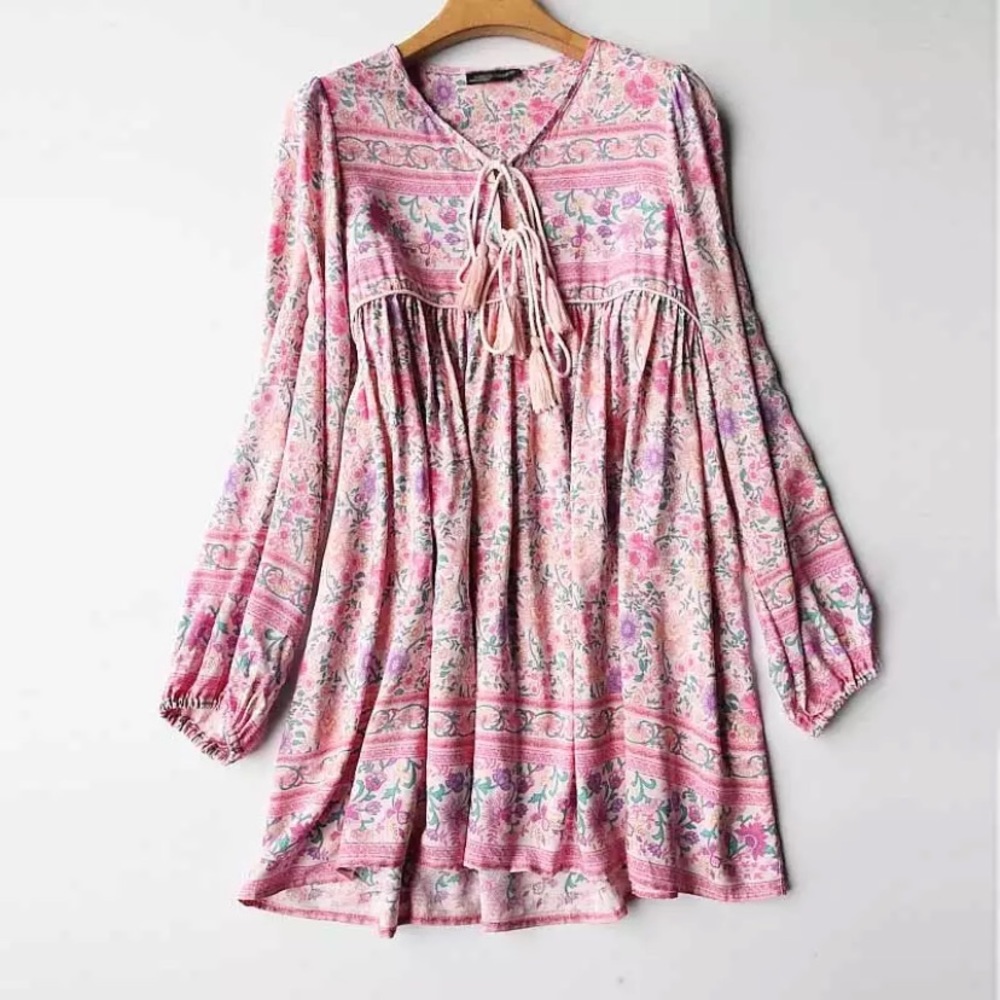 Boho Pink Floral Long Sleeve Mini Dress - Picture 3 of 5
